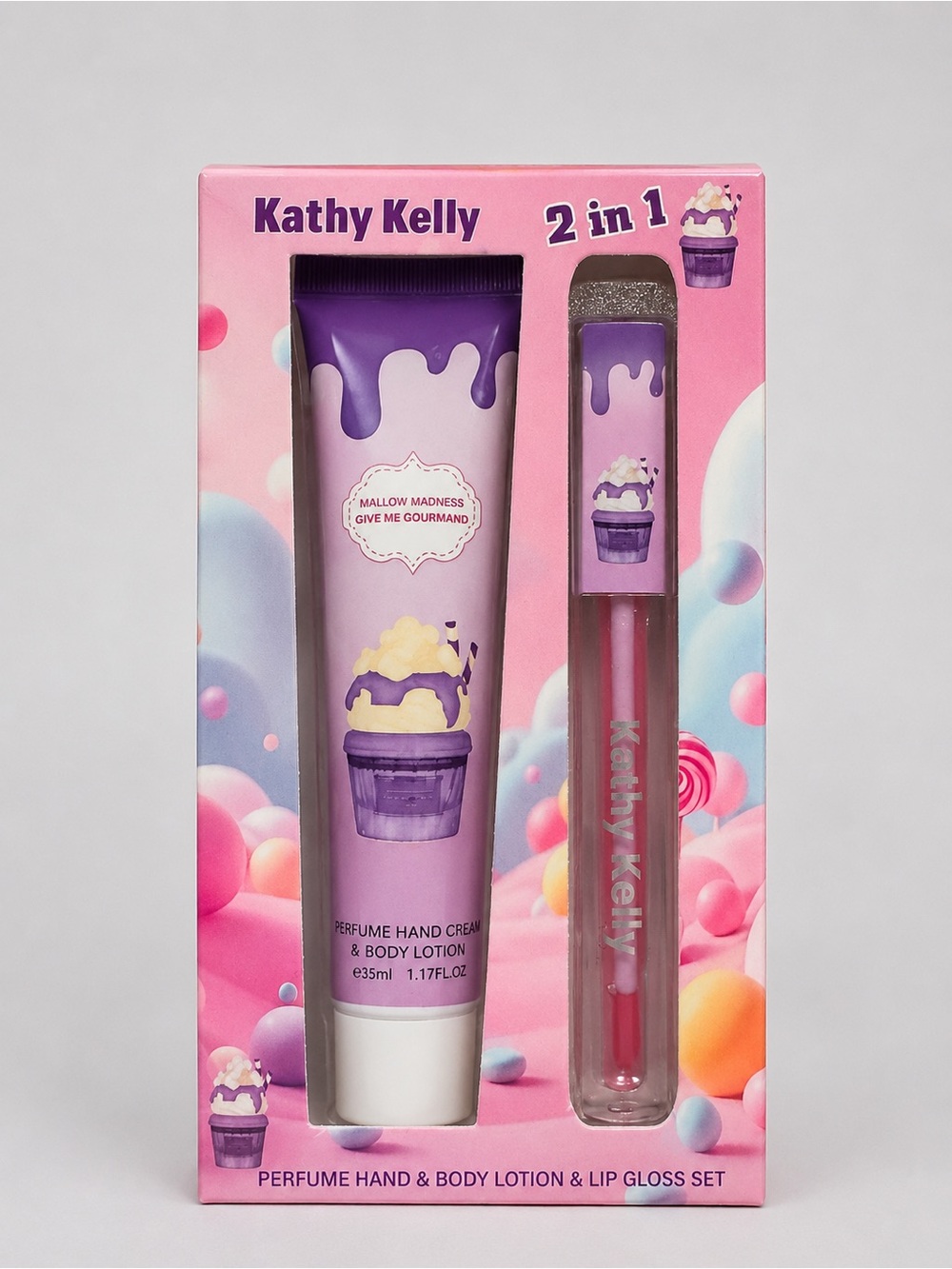 Kathy Kelly Mallow Madness 2-in-1 Hand & Body Lotion + Lip Gloss Set